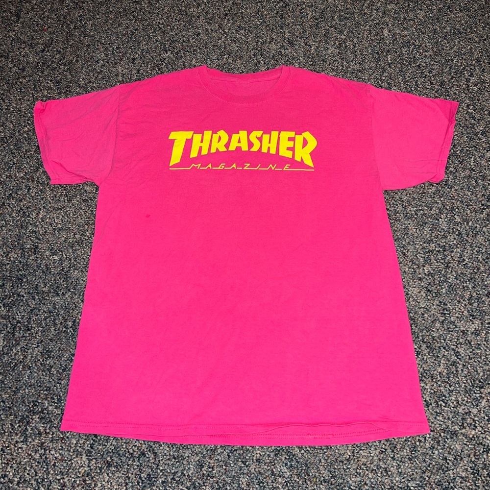 Pink and yellow thrasher magazine tee